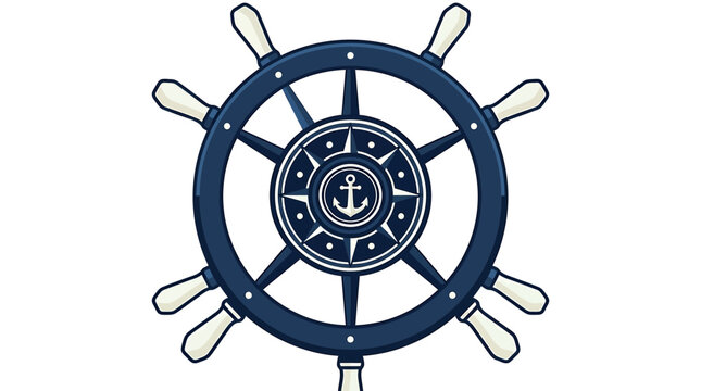 Nautical ship wheel vector icon, vintage maritime helm with anchor and compass, navy blue sea captain steering wheel illustration