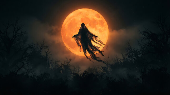 Eerie silhouette of a ghostly figure floating before a large orange full moon