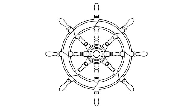 Nautical ship wheel vector illustration, vintage wooden boat steering wheel icon, maritime helm line art for marine branding