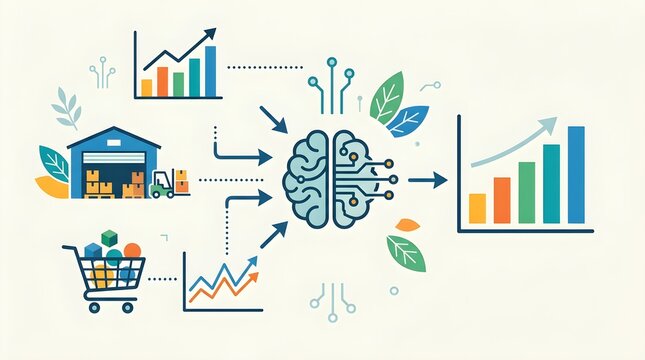 Artificial intelligence demand forecasting concept showing a smart warehouse, inventory, shopping cart, business analytics, and machine learning brain connected through data-driven processes.