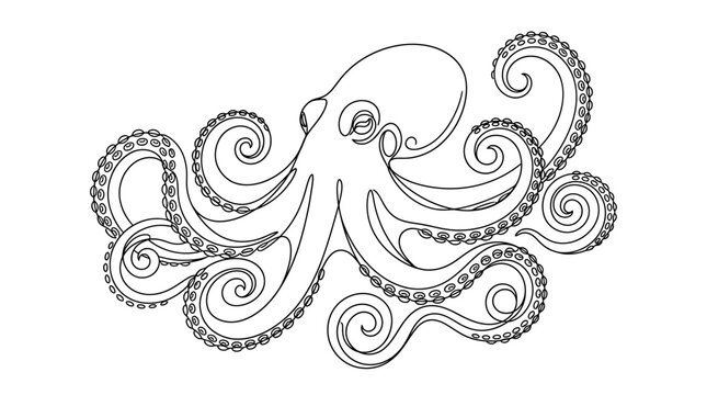 Minimalist octopus line art vector, continuous line drawing of a sea creature, elegant black and white nautical illustration for logo design