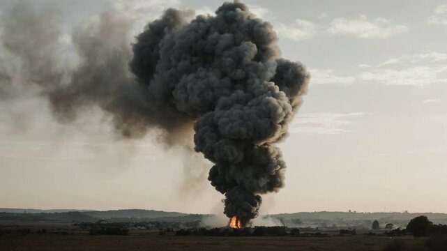 Explosion Emitting Massive Dark Smoke Plume Rising over Rural Landscape at Sunset