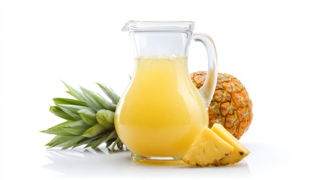 Fresh and Refreshing Pineapple Juice in a Clear Jug Surrounded by Pineapple Slices and Whole Fruit Ideal for Healthy Drinking and Summer Quenchers. Generative AI