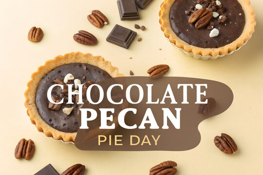 National chocolate pecan pie day concept with mini pies and cocoa, chocolate