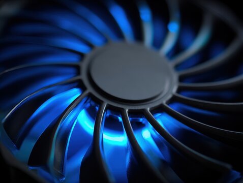 Detailed view of a modern computer cooling fan with blue led lighting glowing underneath black blades in a dark environment for technology concept