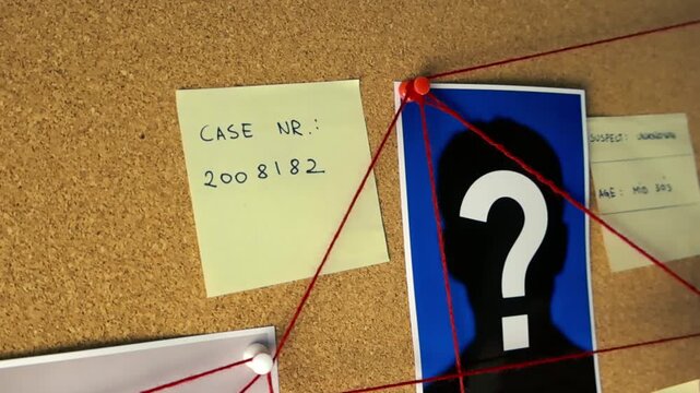 Investigator's hand is placing a yellow sticky note that says 'Cold Case' on a corkboard investigation map with photos, evidence notes and red string connecting the dots