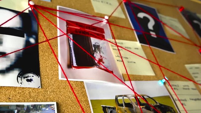 Evidence board with photos, notes, and clues pinned to it, all connected by a red string, illustrating a complex criminal investigation by a detective trying to solve a murder case