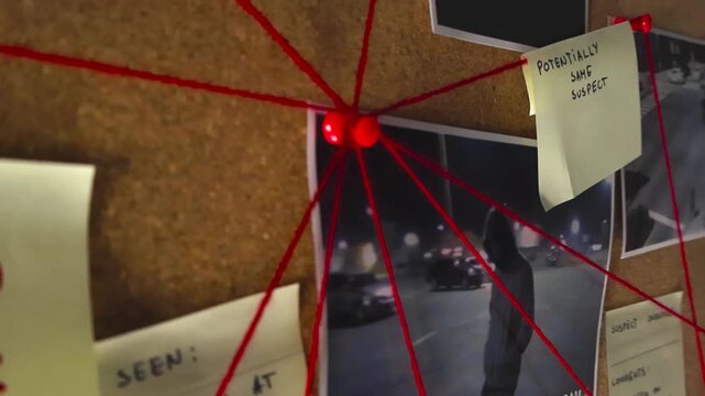 Unsolved crime investigation board with pictures of a suspect, clues, and evidence connected by red thread, focusing on a sticky note with the text cold case written in red marker