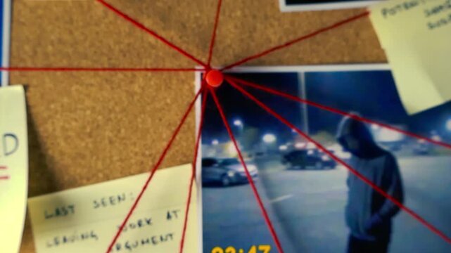 Revealing an unsolved crime investigation board with pictures of suspects, sticky notes, and red thread connecting the evidence, clues, and leads in a police detective's office