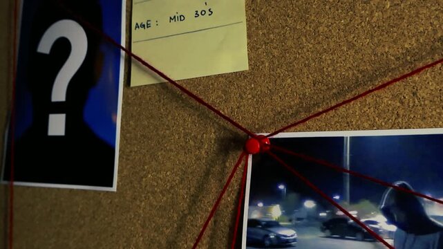 Corkboard with pictures of suspects, clues, and bloody knife from a murder case. A detective's red thread connects the evidence, photos, and notes during the criminal investigation process