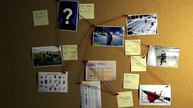 Detective's corkboard showing a criminal investigation with photos of a suspect, fingerprints, a murder weapon, and other evidence connected by red thread to solve the case