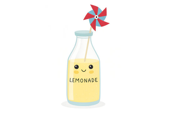 Cute cartoon glass bottle of refreshing lemonade with a pinwheel toy, lemonade