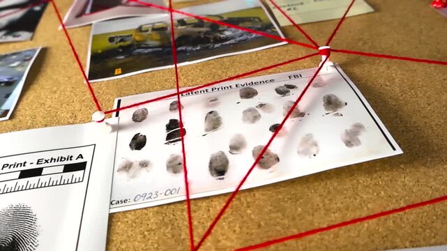 Investigation board displaying photographs, latent fingerprint evidence, phone records, and notes, all interconnected by a complex web of red string to map out a criminal case