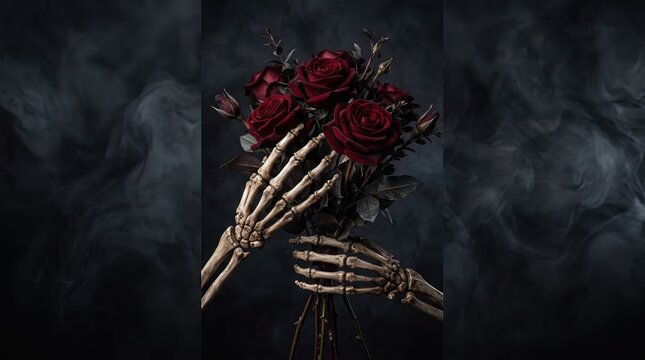 Skeleton Hands Holding Dark Red Roses Against Gothic Smoky Background