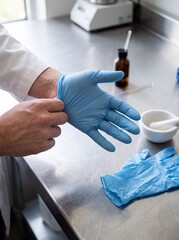 Fototapeta premium Apotheker zieht Handschuh nach Rezeptur aus in Nahaufnahme