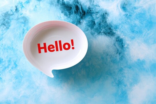 Speech bubble dish with bright red greeting text vibrant white container on soothing blue smoke textured background for welcoming message concept