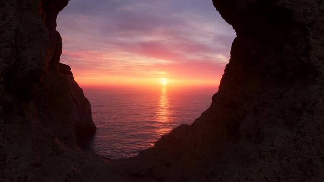 Sunset framed through irregular cliff opening above calm ocean with warm horizon glow, vertical water reflection, rocky silhouette, coastal texture, with sunset, ocean, sea, horizon detail