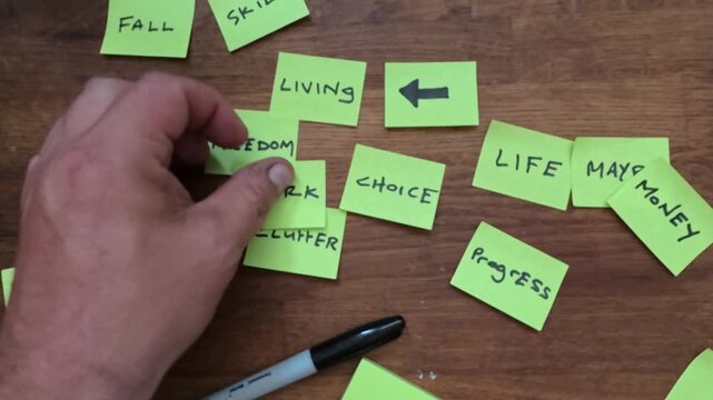 Hand organises messages on yellow sticky post-it note in brainstorming thought process goal