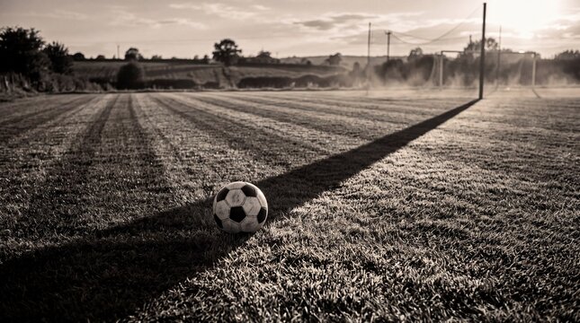 Fu&szlig;ball am Schatten des Torpfostens in Halbtotale