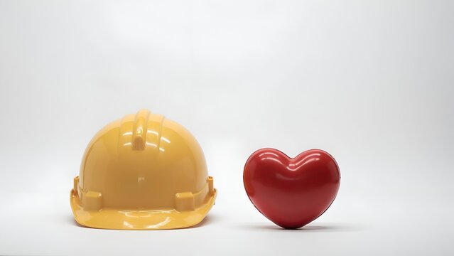 Yellow hard hat and red heart isolated on white background