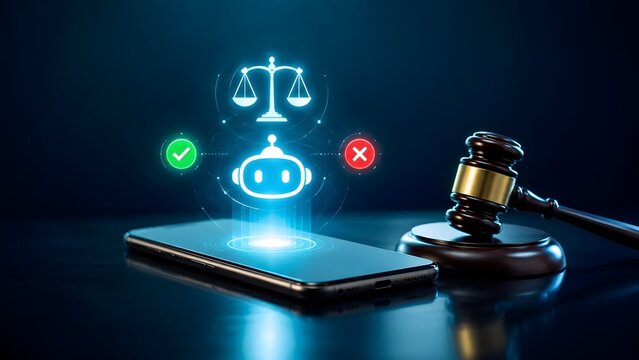 Robot legal assistant with scales of justice above smartphone