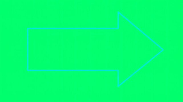 Neon blue arrow animation on green screen background. Glowing directional pointer for video editing. Luminescent digital arrow icon.