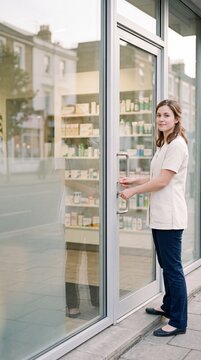 Apothekerin schlie&szlig;t am Morgen die Ladent&uuml;r der Apotheke auf