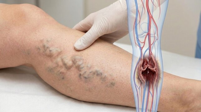 Lower extremity condition: varicose vein, vascular problem, valve malfunction, blood circulation, doctor examine, human leg, medical check, vein anatomy.