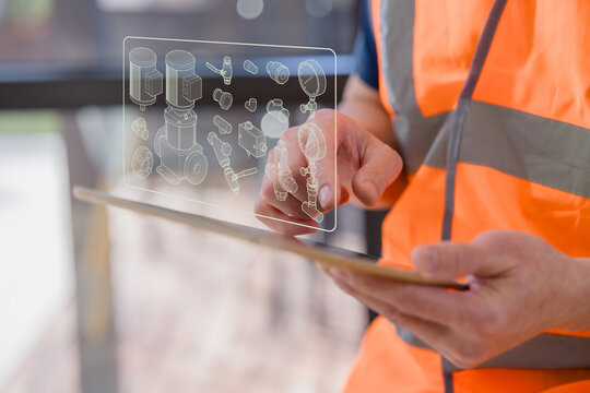 Industrial worker using a smartphone with digital interface for smart factory automation, IoT monitoring, cloud technology, data control, engineering systems modern industrial operations.