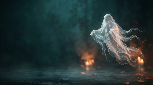 Ethereal white ghost figure floats above a dark floor illuminated by flickering candlelight