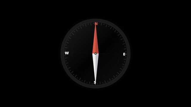Compass Needle Animation with Red and White Directional Pointer on Dark Circular Dial, Navigation, Orientation and Direction Finding Concept