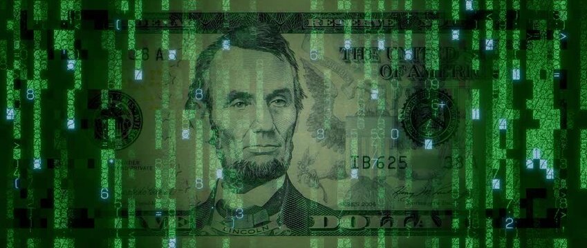 Digital Money Concept with Five Dollar Bill made from Animated Numbers and Symbols. Futuristic Banking Background.