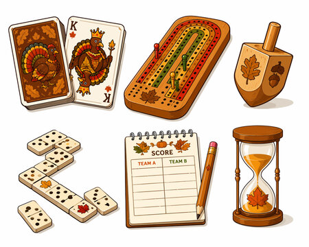 Thanksgiving Game Collection Cards Dominoes Cribbage Dreidel Scorecard Hourglass thanksgiving happy 