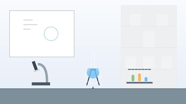 Minimal scientific laboratory bench with microscope, flask, and beakers