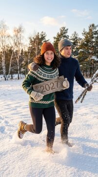 Joyful lover sprint: wooden plate, winter forest, snowy meadow, Happy New, Year celebration, cozy sweater, knit beanie, warm mitten, active lifestyle, Christmas holiday, 2027 date.