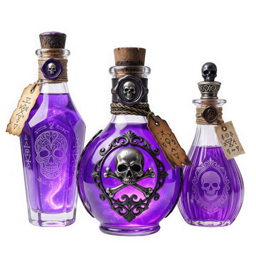 Three decorative glass potion bottles with purple liquid and skull motifs isolated on transparent background