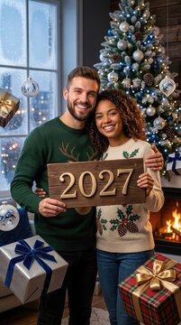 Multiracial pair bonding: Happy holiday, New Year, 2027 plaque, cozy fireplace, festive sweater, gift box, pine tree, winter window, smile together, hold sign, embrace lover, golden number.