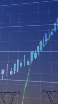 Animation of financial data processing over electricity pylons