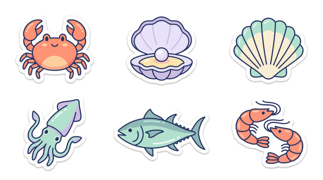 Cute sea creatures and seafood stickers set with crab shell squid and fish