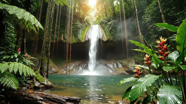Lush tropical rainforest waterfall cascading into turquoise pool surrounded by dense foliage and vibrant exotic flowers, sunlight filtering through ca