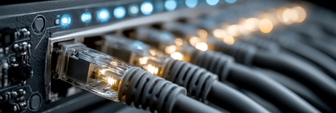 Close-up of network cables connected to a switch with glowing blue lights, symbolizing digital communication and internet technology.