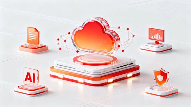 Modern 3d red cloud computing technology concept with connected AI document and security icons on clean white background for digital data storage and network service