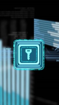 Animation of data processing, key icon and circuit board over dark background