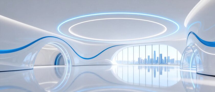 Empty modern futuristic empty interior room with flowing curved white walls glowing blue circular ceiling lights and large window overlooking distant city skyline