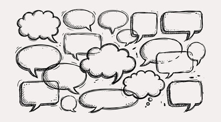 Fototapeta premium Hand drawn sketch speech bubbles set with blank comic dialogue clouds