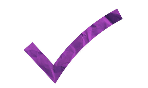 Purple check mark symbol isolated on white background for business success and validation.