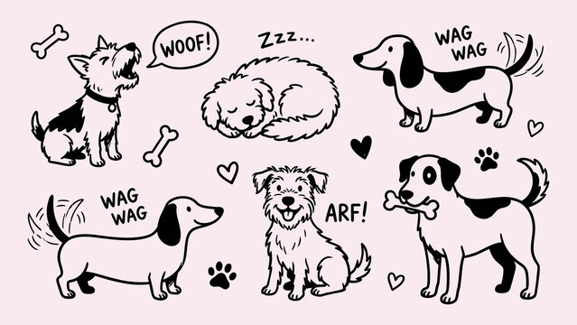 Cute dogs doodles set with barking sleeping wagging tail puppies