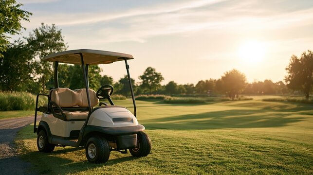 Empty two seat beige golf cart parked on green grass path of golf course under warm sunset sun shows leisure outdoor sport and golf activity concept