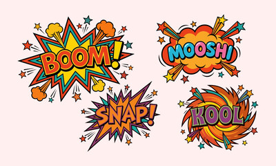 Retro comic explosion sound effects set with boom mooshi snap kool words © Hafsa