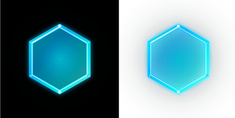 Glowing blue neon hexagon icons, futuristic digital geometric shapes on black and white backgrounds, high-tech UI elements © riponhossain